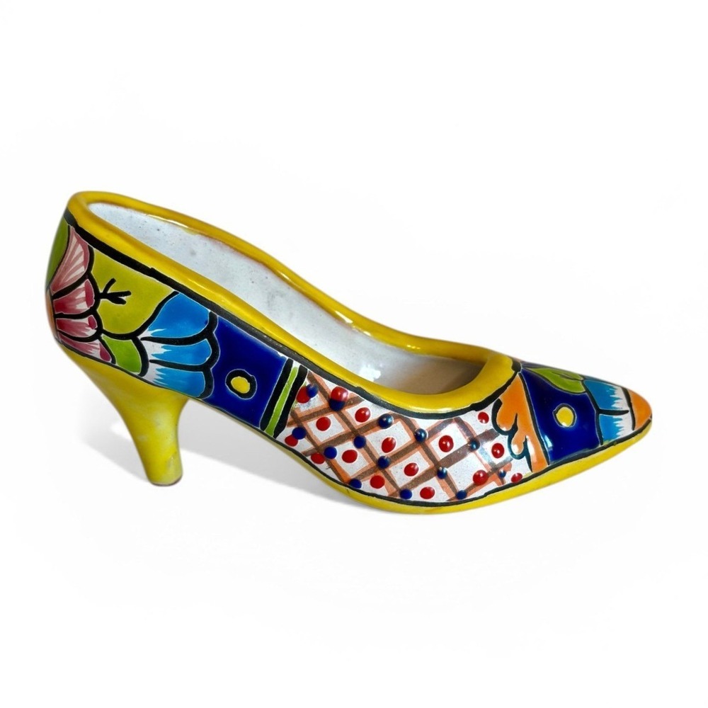 Talavera Mexican Pottery Hand Painted Ceramic High‎ Heel Shoe Figurine 9"